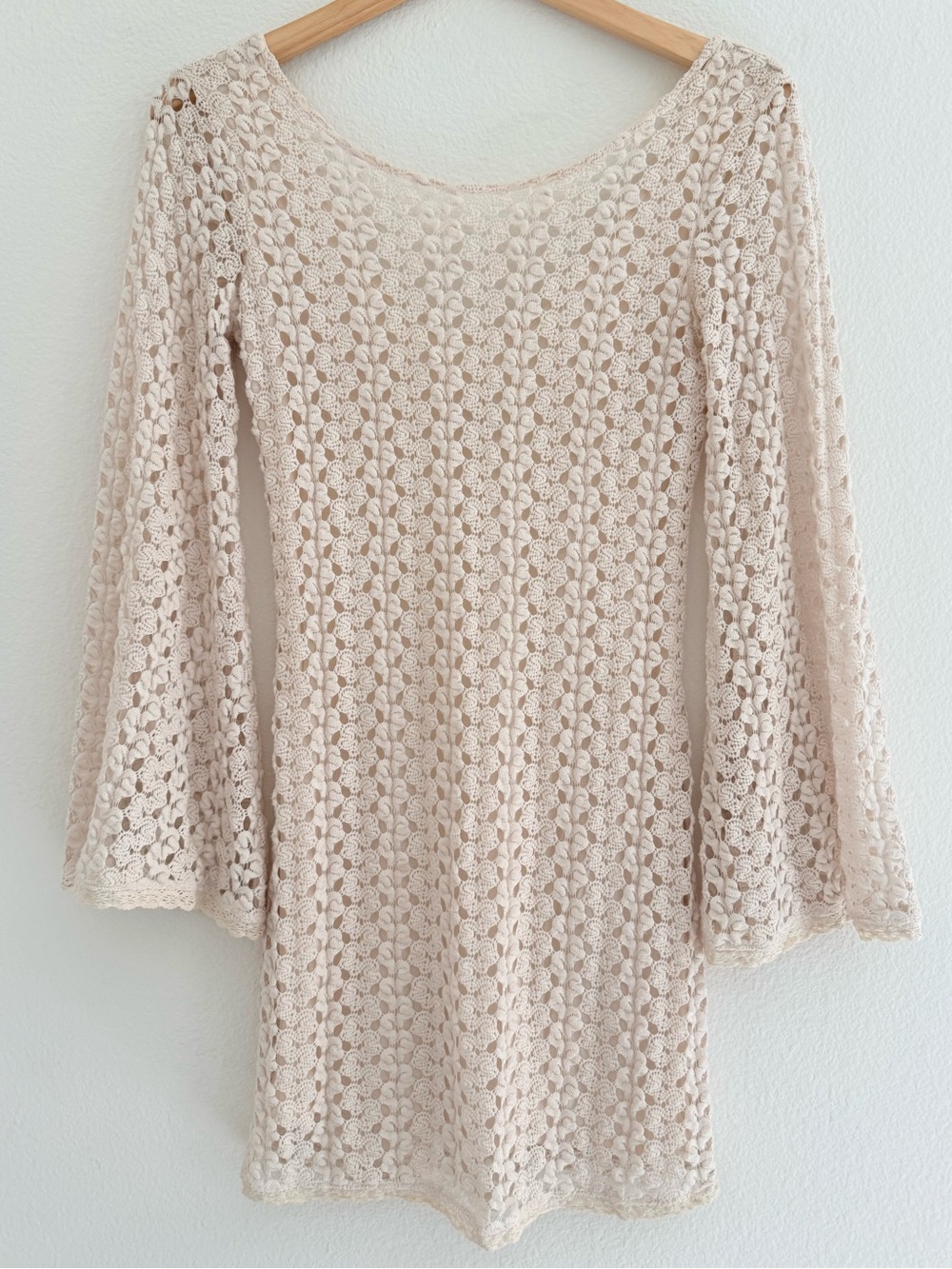 Free People Crochet Lace flared Bell Sleeves Tunic mini boho knit Dress